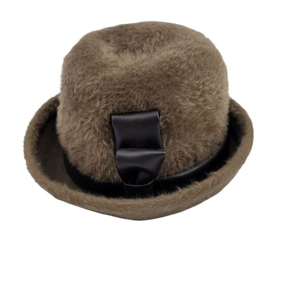 60's Mr. John Sophisticate Mystere Brown Fuzzy Cloche Hat Faux Leather Bow - Picture 8 of 15